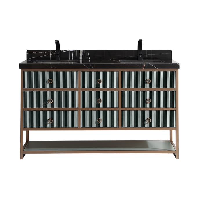 Cadencia 60" Pewter Green Double Vanity with Golden Brush Stainless Steel Frame – Modern Industrial Style with 2" Black Natural Stone Top