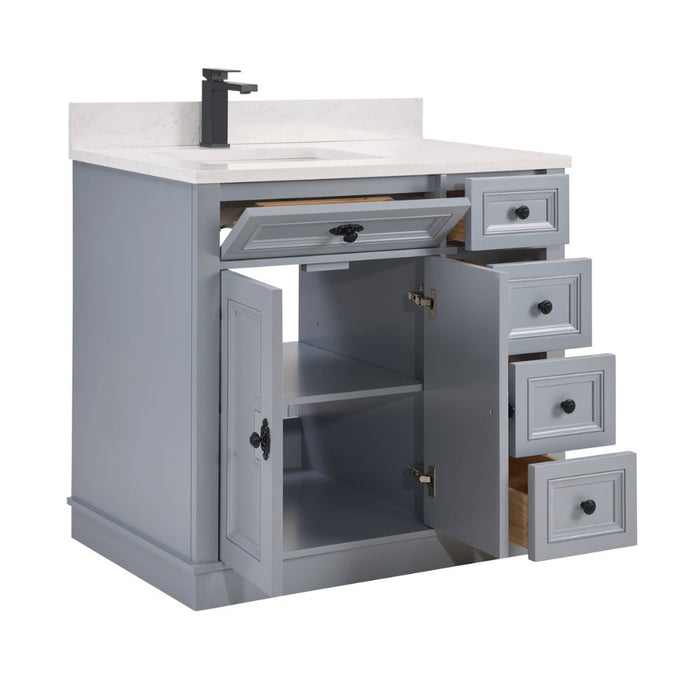 Lahiri 36" Cadet Finish Wood Bathroom Vanity - Single Sink with 4 Soft-Close Drawers & Stone Top