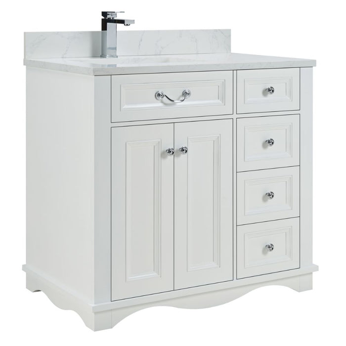 Vologne 36" White Solid Wood Bathroom Vanity Cabinet with Artificial Stone Top, Soft-Close Drawers & Dovetail Construction