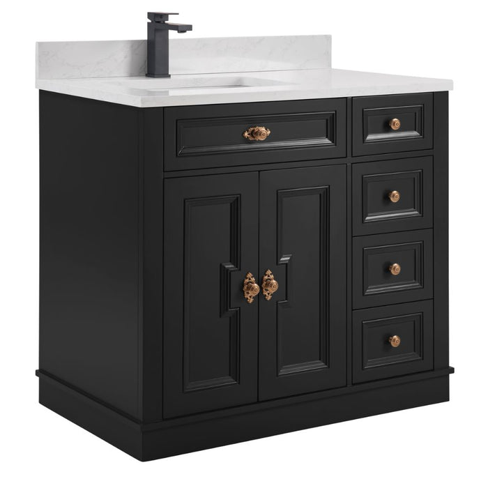 Tritan 36" Solid Wood Tricorn Black Bathroom Sink Vanity with Soft-Close Doors & Stone Countertop
