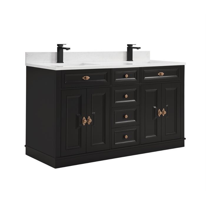 Louvain 60" Tricorn Black Freestanding Bathroom Vanity with Stone Countertop and Soft-Close Drawers