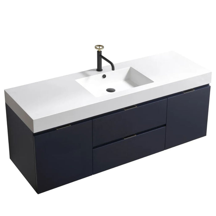 Teagan 60" Blue Wood Veneer Wall Mount Vanity - Modern Bathroom Single Sink with Integrated Top