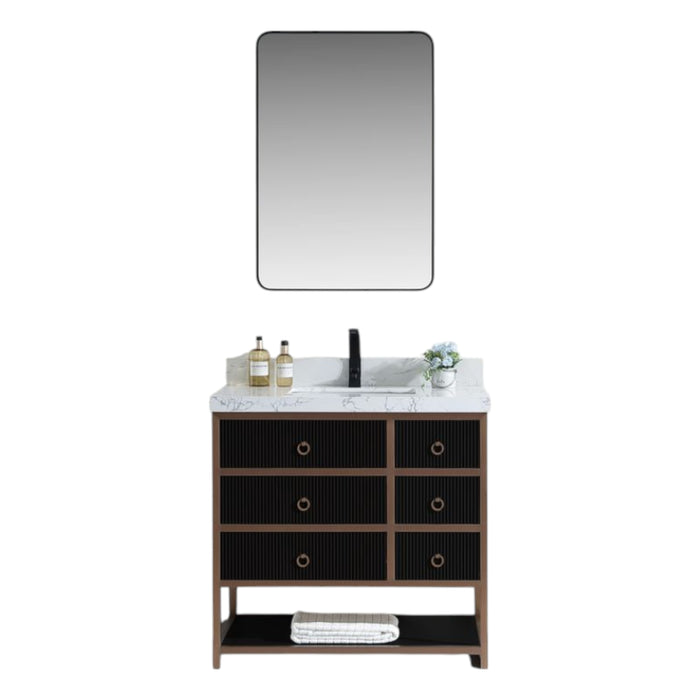 FusionBath Premium 36" Tricorn Black Oak Wood Vanity – Golden Brushed Steel Frame with White Artificial Stone Top & Soft-Close Drawers