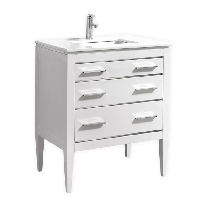 Alistair 30" Art Deco White Bathroom Vanity – Solid Wood Construction with Quartz Counter & 2 Drawers