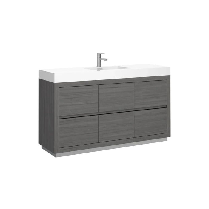 Dave 60" Vulcan Ash Grey Wood Veneer Bathroom Vanity – Modern Single Sink Free Standing with 6 Drawers