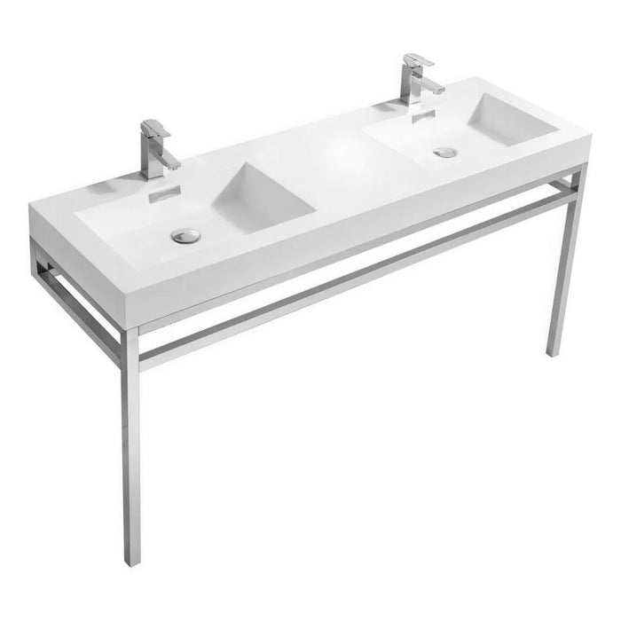 Crius 60" Chrome Double Sink Bathroom Console – 316L Stainless Steel Vanity with White Composite Sink