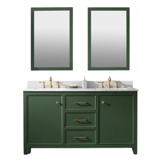 60" Seva Green Finish Double Sink Bathroom Vanity Cabinet with Carrara White Marble & 3 Drawers