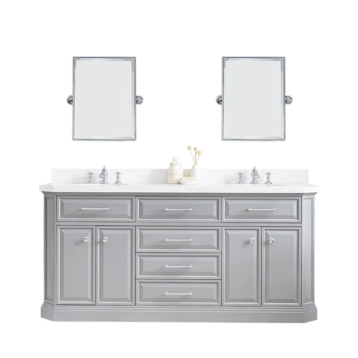 72-Inch Element Carrara Quartz Top Bathroom Vanity – Dual Sink Cabinet in Grey with Chrome Hardware