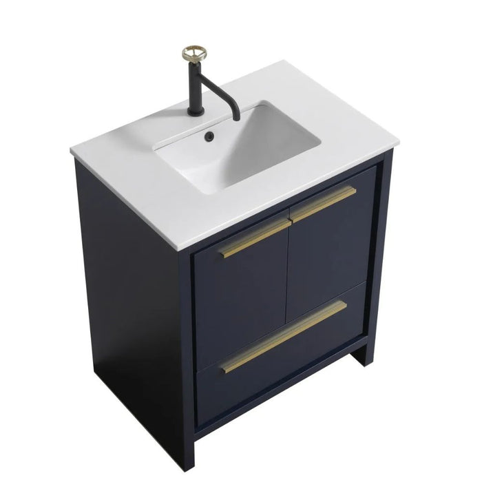 Kaisley 30" Blue Modern Vanity Cabinet with White Quartz Counter - Soft Closing Hardware