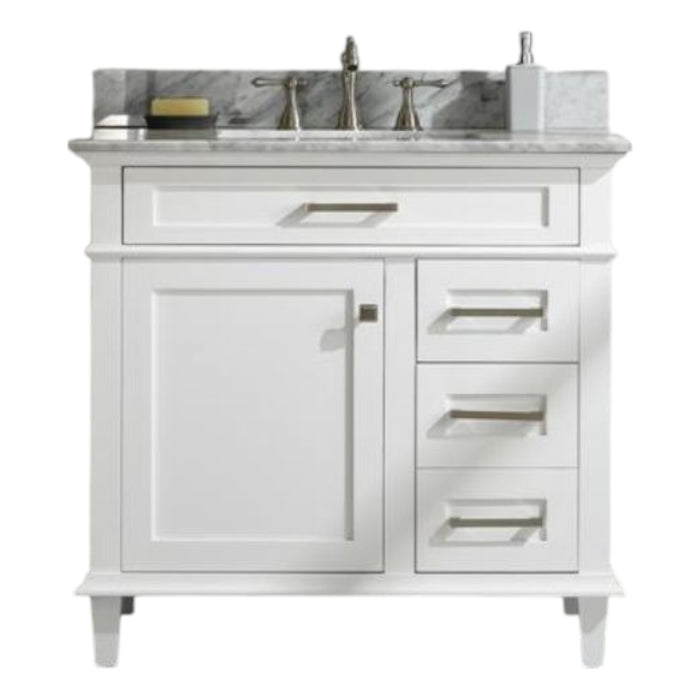 Mozaika 36" White Bathroom Vanity with Carrara Marble Countertop, Ceramic Sink & Tilt-Out Tray