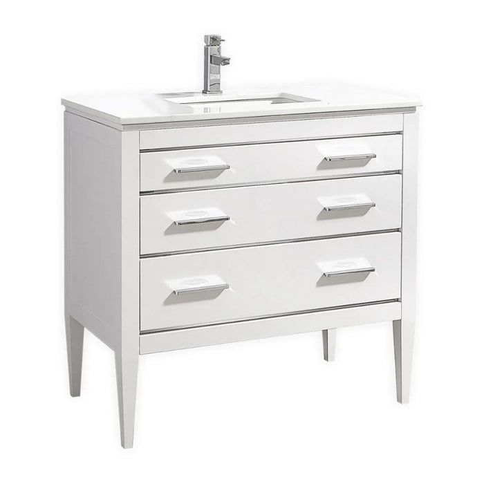 Abrea 36" High Gloss White Solid Wood Bathroom Vanity – Art Deco Style with Quartz Countertop