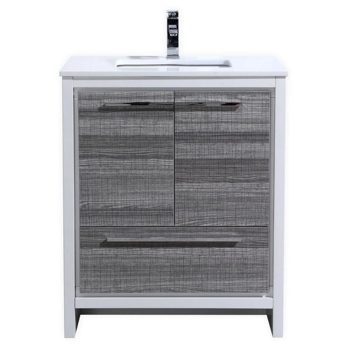 Dominique 30" Ash Gray Wood Veneer Bathroom Vanity – Modern Style with White Quartz Countertop