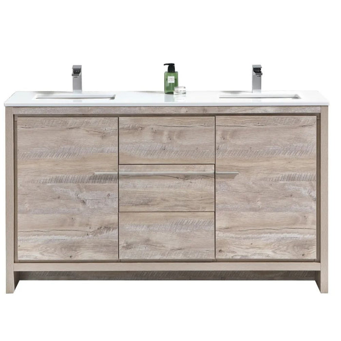 Dolce 60? Double Sink Nature Wood Modern Bathroom Vanity with White Quartz Counter-Top