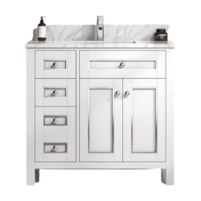 Pocillo 36" Traditional White Bathroom Vanity Cabinet - Carrara Marble Countertop with Ceramic Sink