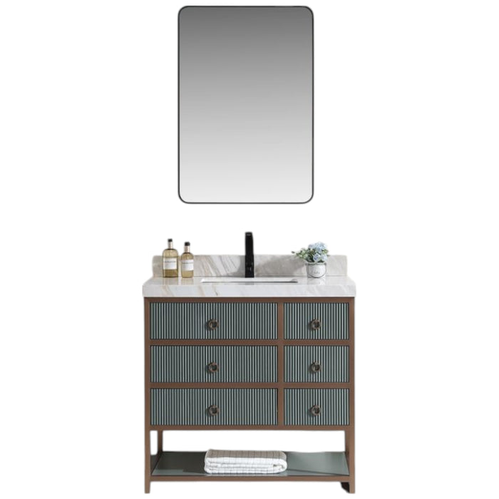 FusionBath 36" Pewter Green Stainless Steel Bathroom Vanity – Modern Golden Brush Oak Frame White Artificial Stone