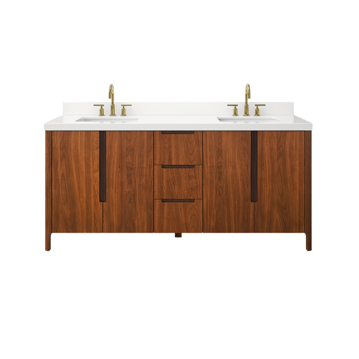 72-Inch Toscana Double Vanity in Noir Juglans with Whitebrook Quartz Countertop & Gold Faucet