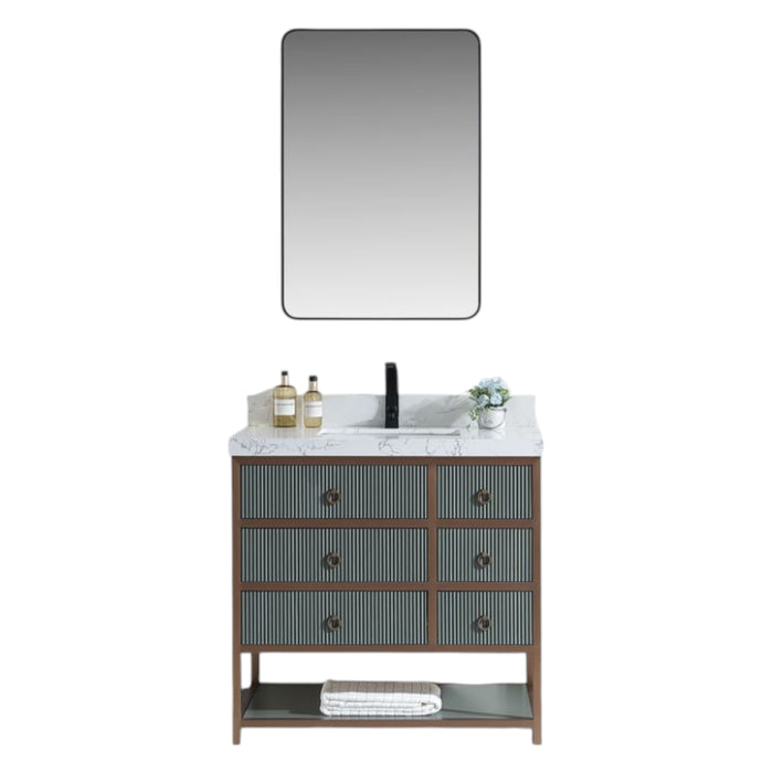 Napoleon Contemporary 36" Pewter Green Golden Brush Vanity Cabinet – Solid Oak Frame with White Ceramic Sink & Stone Top