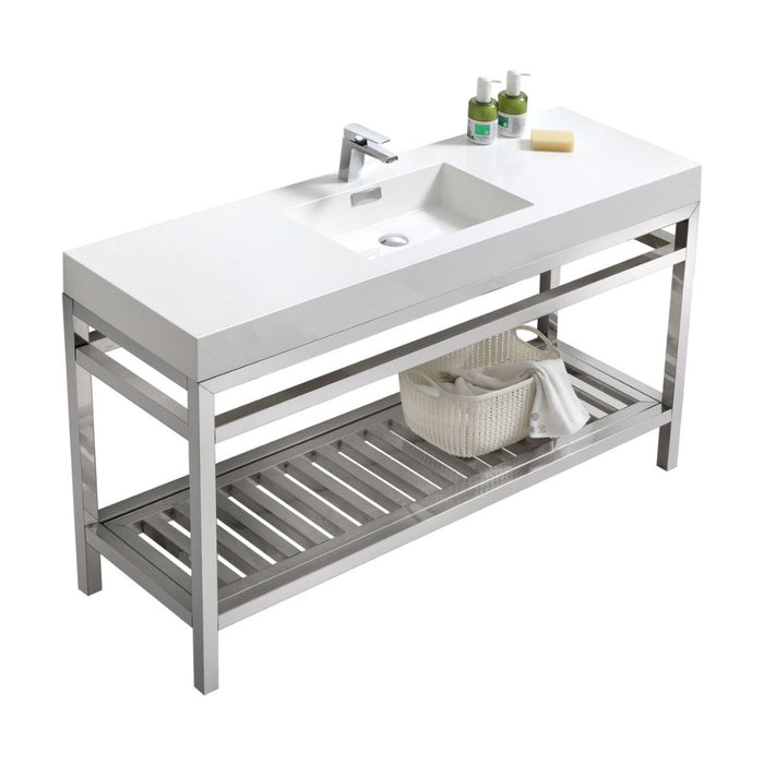 Himanshu 60" Chrome Stainless Steel Single Sink Console Vanity – Modern Bathroom Vanity with Acrylic Sink