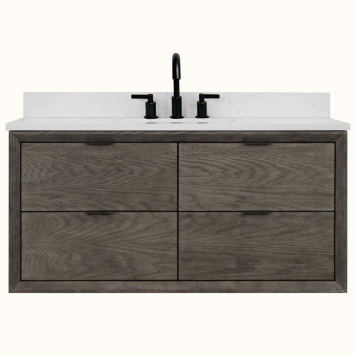 Leonice 48" Grey Oak Finish Bathroom Vanity 1" Thick White Stone Top – Modern Single Sink 2-Drawer