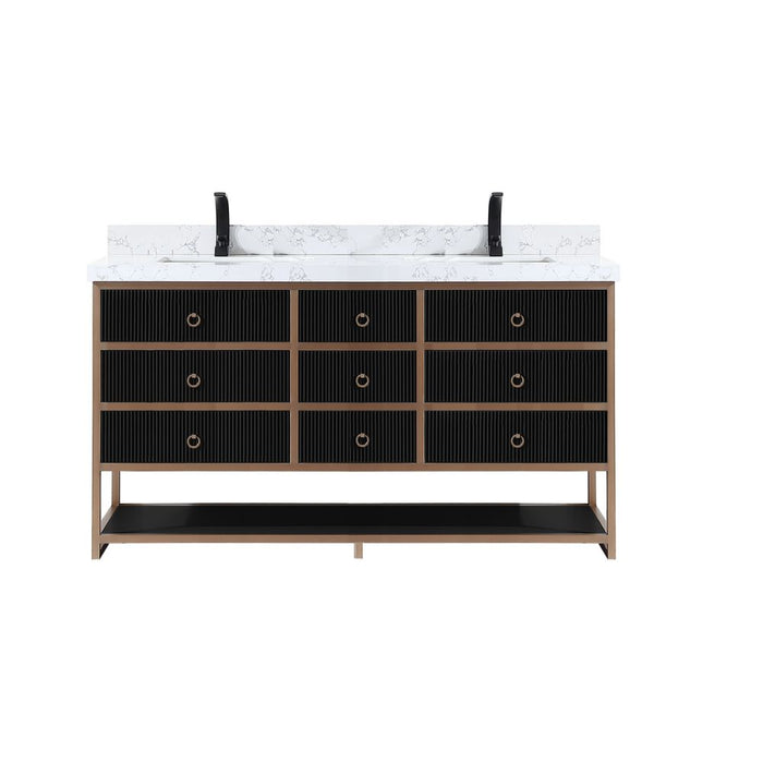 Kalinda 72" Modern Double Bathroom Vanity – Tricorn Black Golden Steel Frame White Stone Top