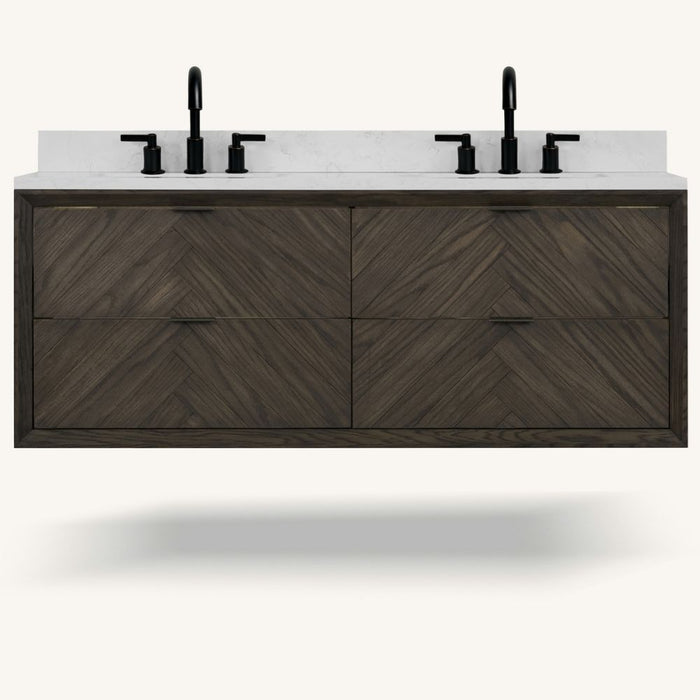 Essential Collection 60" Brown Oak Finish Single Bathroom Vanity – Modern Style with 1" Artificial Stone Top & 4-Drawer Storage