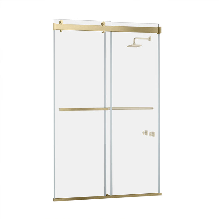 56"W x 76"H Millstone Brushed Gold Shower Door – Double Sliding Frameless Glass Panels