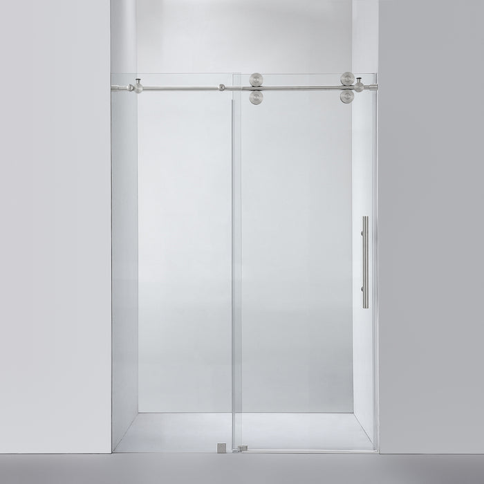 52-Inch Tori Shower Door – Frameless Brushed Nickel Single Sliding Glass Panel