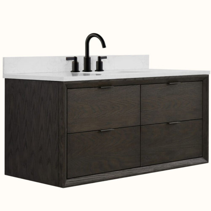 Netherlands 48" Brown Oak Finish Bathroom Vanity with White Stone Top - Contemporary Undermount Basin