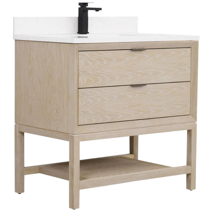 Warren 36" Oak Bathroom Vanity with Drawer - Whitewashed Finish Single Sink Vanity with White Stone Top