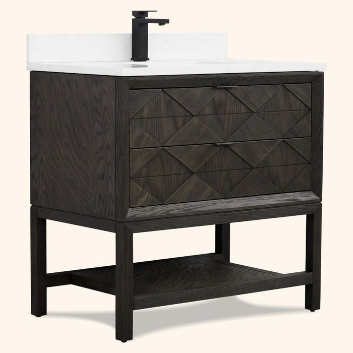 Bates 36" Brown Oak Single Sink Bathroom Vanity with Artificial Stone Top - 2 Drawer 1 Shelf