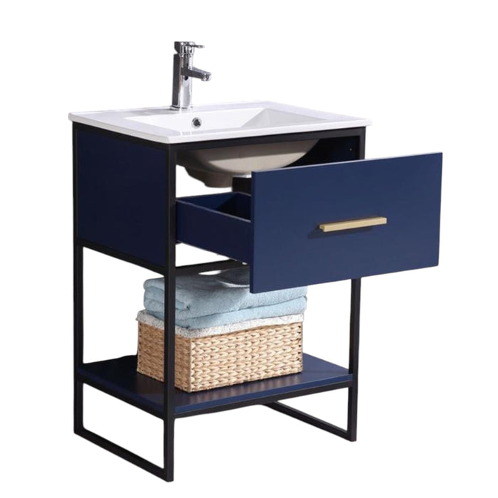 24" Modern Blue Bathroom Vanity - PVC Frame with White Ceramic Top & Single Drawer