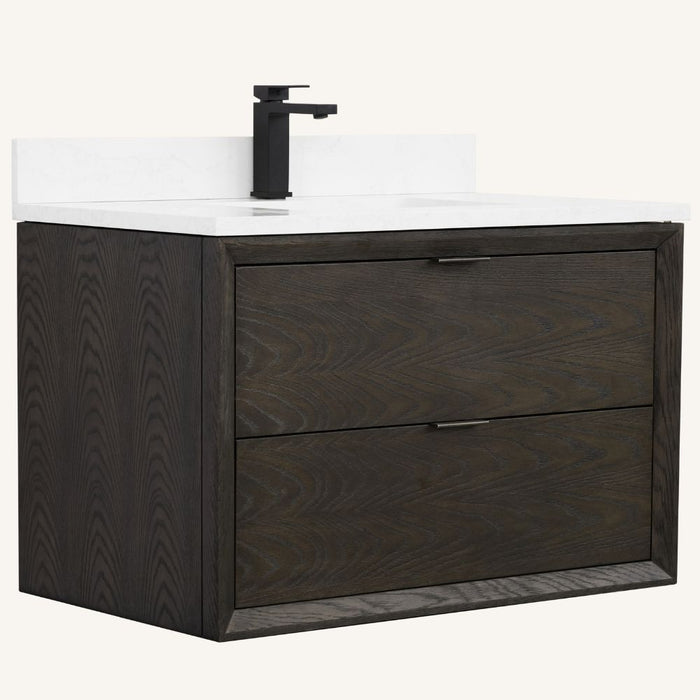 Alley 36" Brown Oak Bathroom Vanity Set - 1" Thick White Artificial Stone Countertop with Drawers