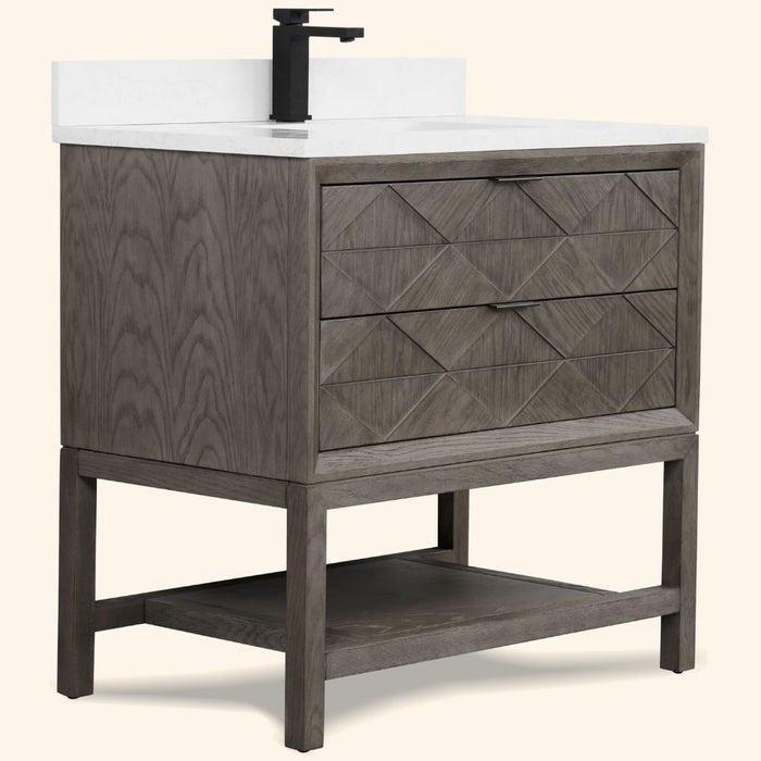 Janis Modern 36" Grey Oak Vanity on Legs with White Artificial Stone Top – 2-Drawer Bathroom Storage