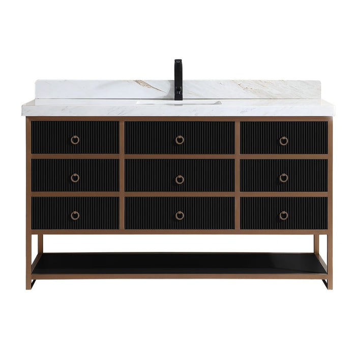Lisen 60" Single Tricorn Black Stainless Steel Bathroom Vanity – Modern Golden Brush Finish Marble Top