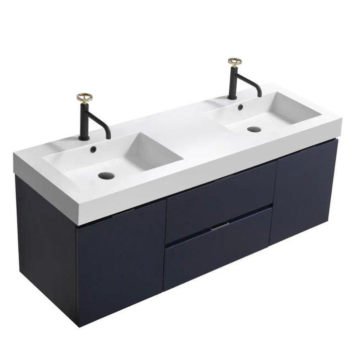 Zola 60" Blune Modern Bathroom Vanity – Double Sink Wall Mount with Soft-Close Drawers & Acrylic Top