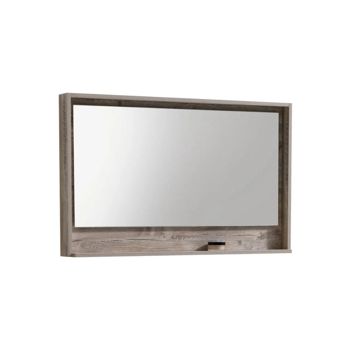Tayda 48" Natural Wood Finish Framed Mirror with Bottom Shelf - Easy Install Bathroom Mirror