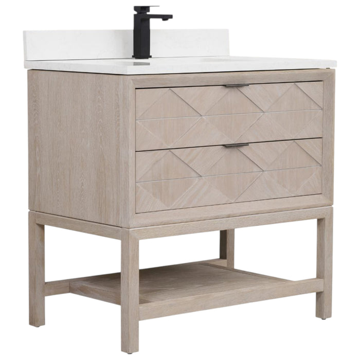 Harding 36" Whitewashed Oak Wood Vanity with White Stone Top - 2 Drawer Bathroom Cabinet