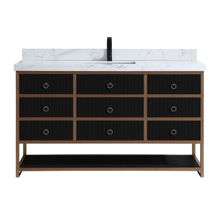 Alena 60" Single Tricorn Black Golden Brush Vanity – Contemporary Oak Frame with White Stone Top