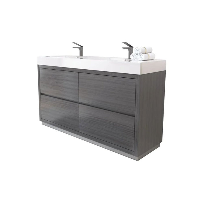 Vulcan 60" Double Sink Vulcan Ash Grey Wood Bathroom Vanity – Modern Freestanding Cabinet with Push-Open Hardware
