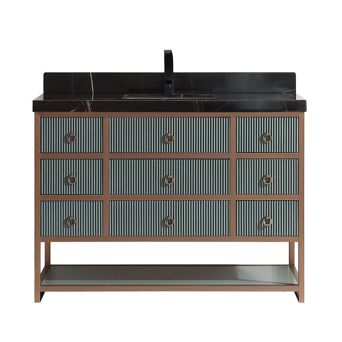 Loafey Steel 48" Pewter Green Bathroom Vanity Cabinet – Modern Golden Brush Frame with Black Marble Top and White Ceramic Sink