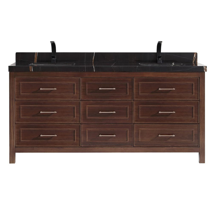 Catia 72" Double Sink Vanity Dark Finish - 2" Black Natural Marble Top with Ceramic Sinks