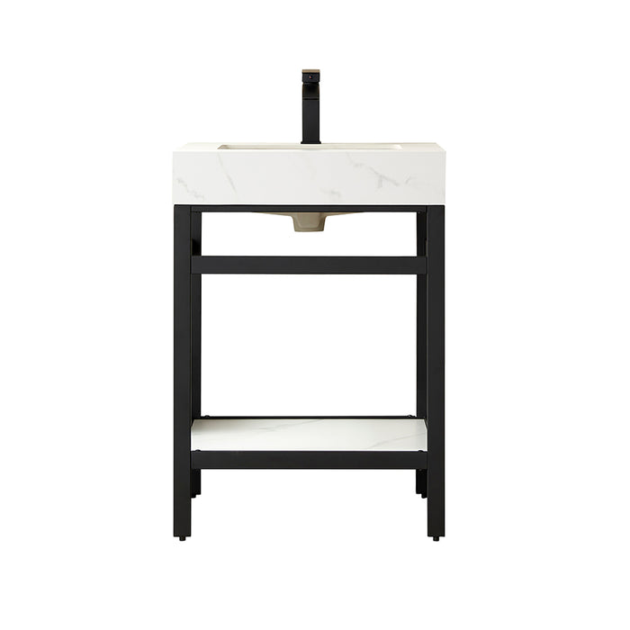 24-Inch Illume Modern Vanity – Black Metal Structure with White Sintered Countertop & Small Single Sink Design