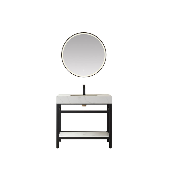 36-Inch Lattice Bathroom Vanity – Matte Black Open Frame with White Stone Surface with Mirror Set