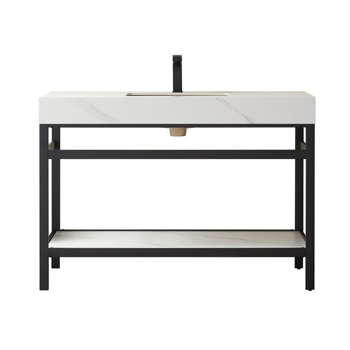 48-Inch Lento Bathroom Vanity – Matte Black Structure with White Stone Surface & Spacious Single Sink Unit