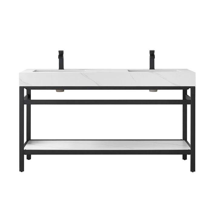 60-Inch White Sintered Stone Double Sink Lyric Bathroom Vanity Matte Black Base with Open Shelf