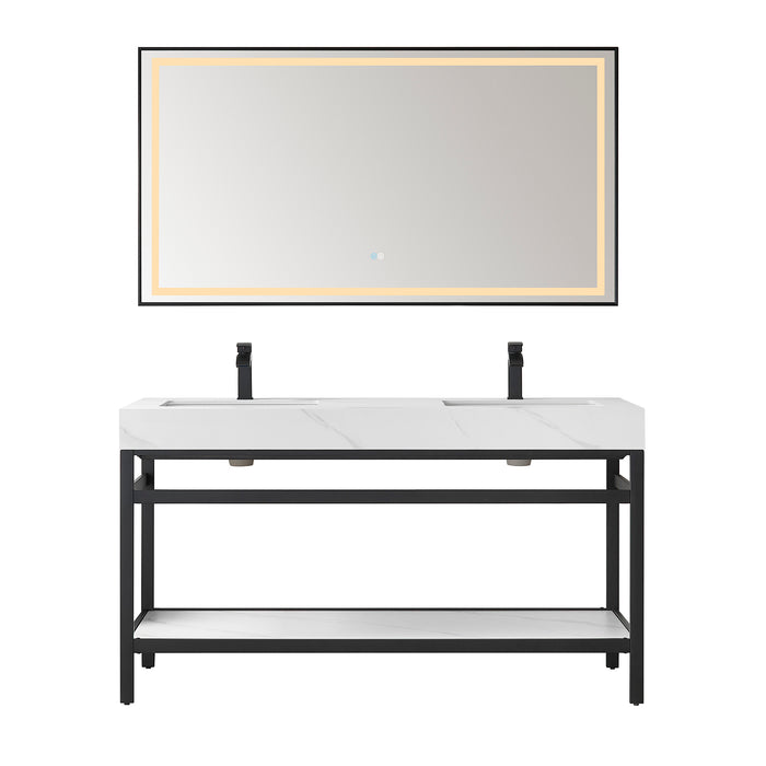 60-Inch Magnolia Double Sink Bathroom Vanity - Matte Black Steel Frame with White Sintered Stone Top & LED Mirror