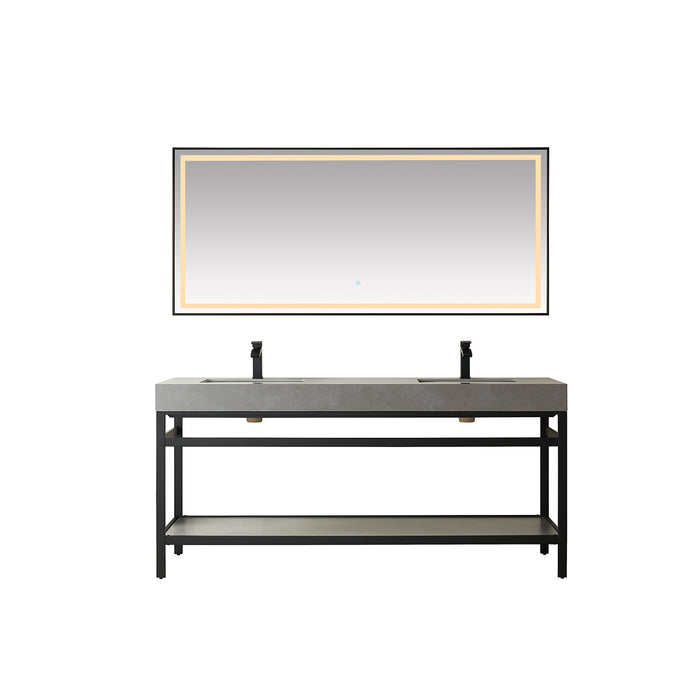 72-Inch Matte Black Metal Double Sink Bath Vanity Meadow Grey Stone Top with Under-Mount Sinks