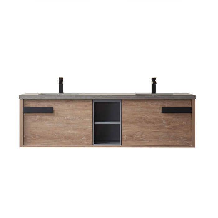 72-Inch Corsair Freestanding Vanity – North American Oak Wood with Double Sink & Grey Sintered Counter