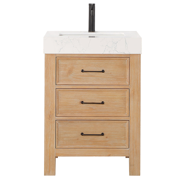 24-Inch Silhouette Small Bathroom Vanity – Brown Wood Cabinet with Lightning White Countertop and Soft-Close Storage
