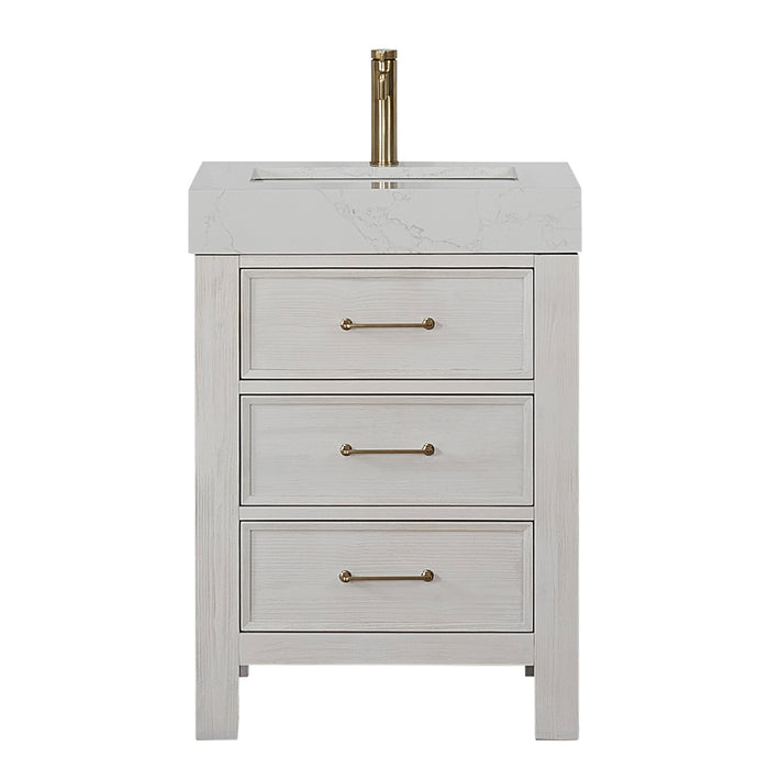 24 Inch Sonnet Small Bathroom Vanity – Modern Washed White Wood Cabinet with Bright White Top and Storage